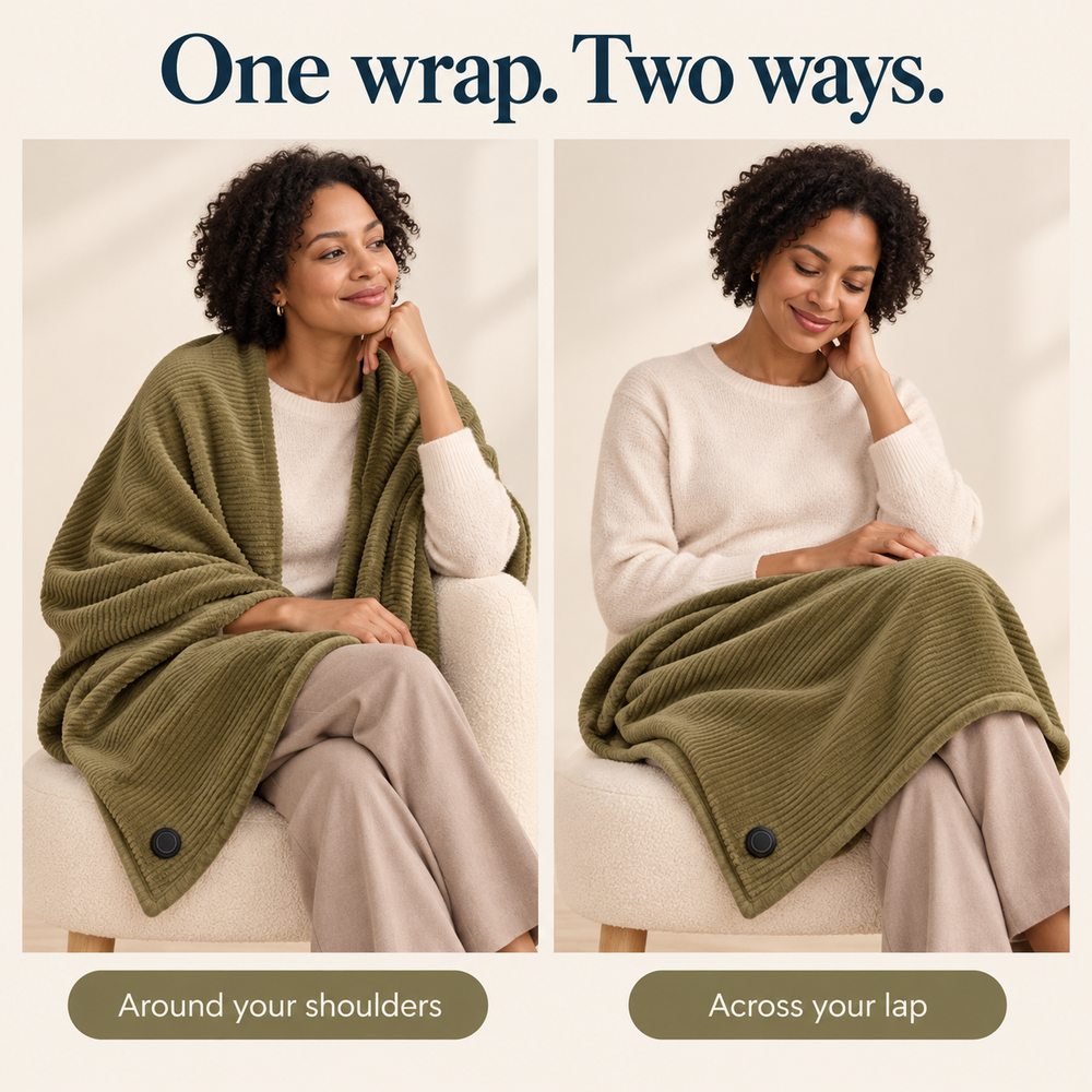 CozyHeat shown draped over the shoulders and across the lap