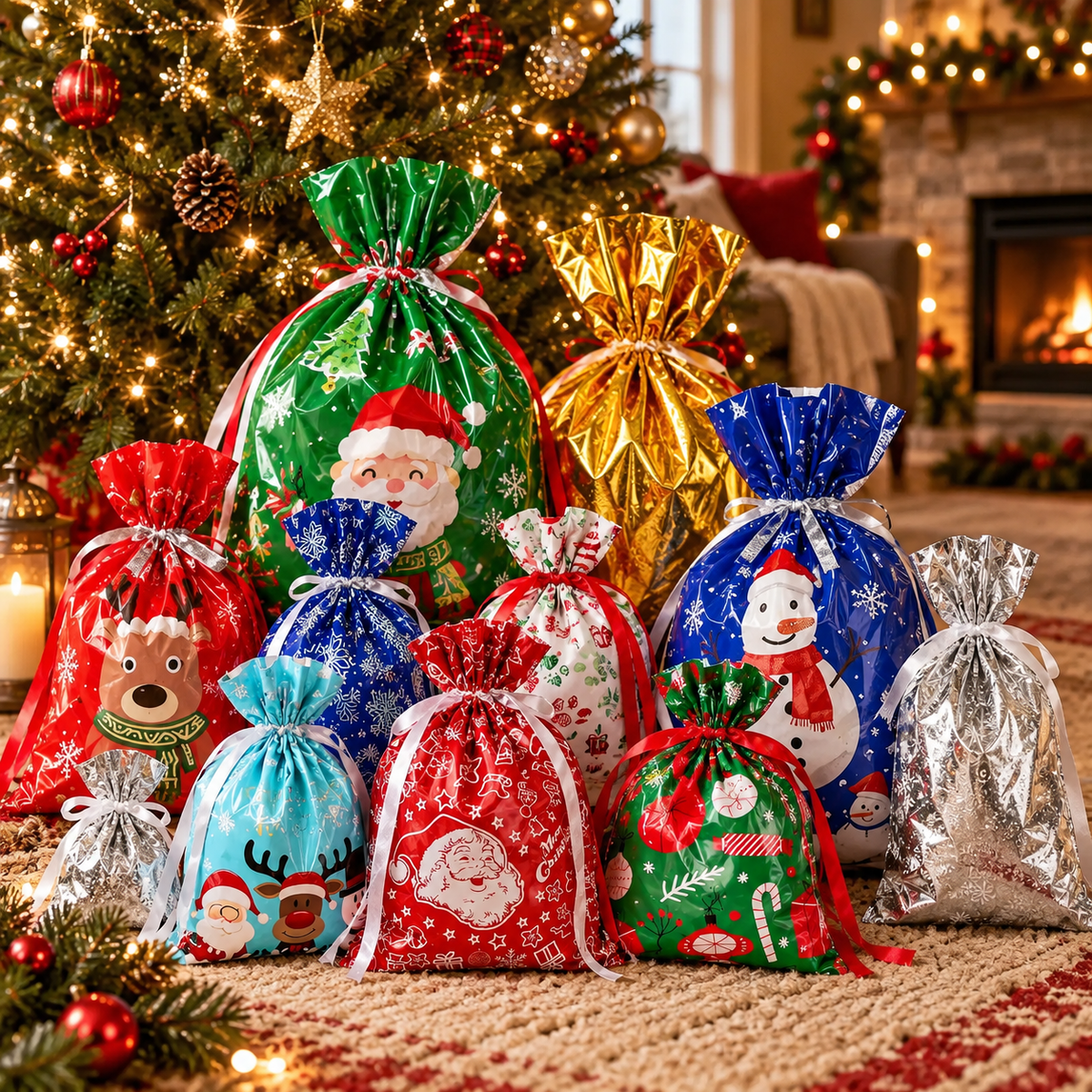 Festive Drawstring Gift Bags (32 Pack)