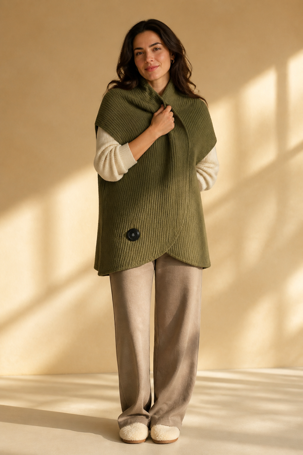 Olive green ribbed CozyHeat wrap worn over a cream outfit