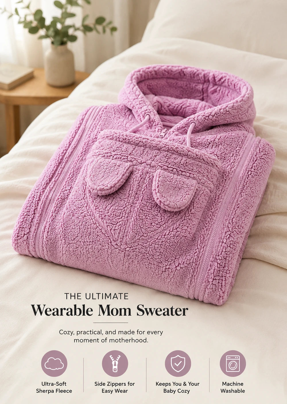 Pink Everlittle SnuggleNest fleece hoodie with product benefits