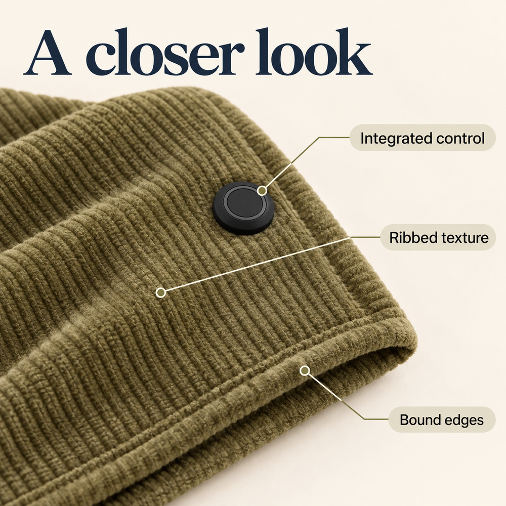 Close-up of CozyHeat ribbed texture, bound edges, and integrated control