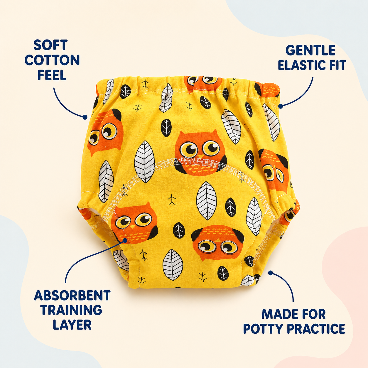Soft cotton, gentle elastic, absorbent training layer, and potty-practice benefits
