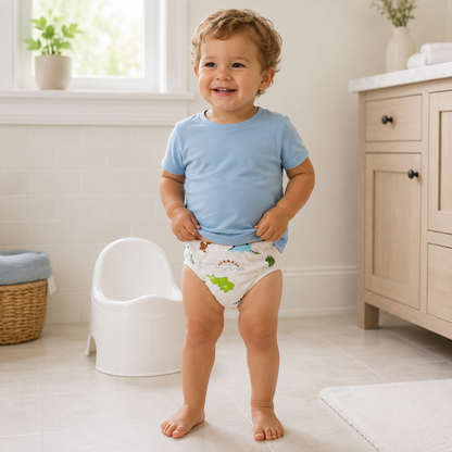Toddler wearing dinosaur-print Little Learner Potty Training Pants