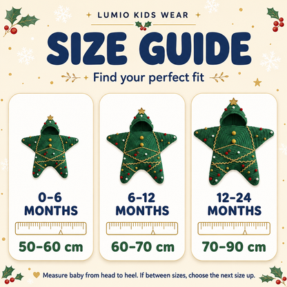 Baby Christmas Star Outfit size guide: 0–6 months 50–60 cm, 6–12 months 60–70 cm, and 12–24 months 70–90 cm